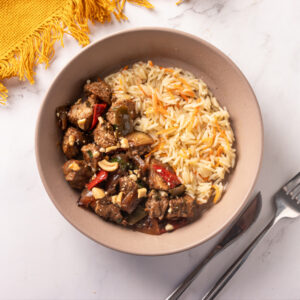 Mignon suíno xadrez com arroz basmati