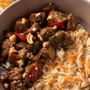 Mignon suíno xadrez com arroz basmati